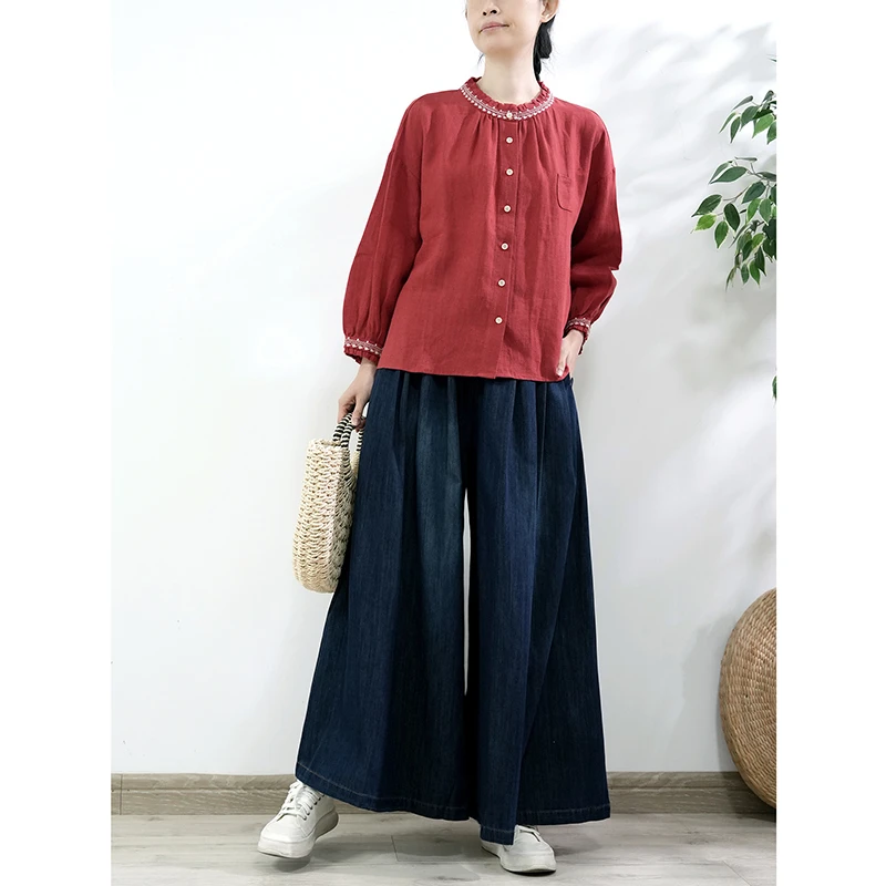 25 New Arrival Spring & Autumn Women High-quality Cotton Denim Ankle-length Pants Jeans Elastic Waist Loose Wide Leg Jeans Y149