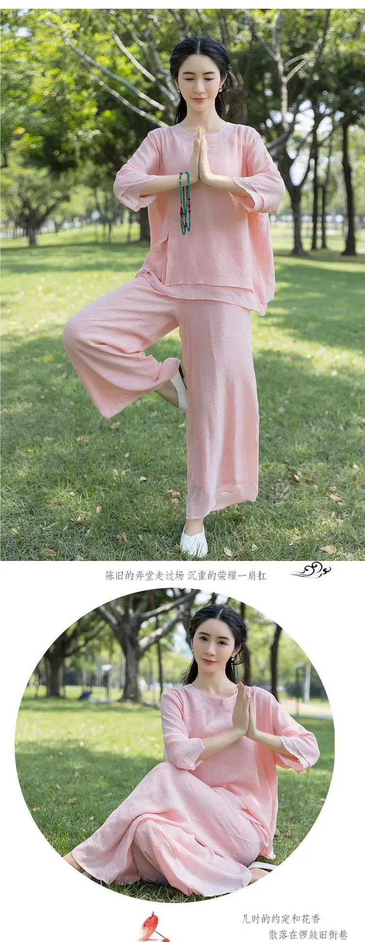 Chinesisches Baumwoll-Leinen-Zen-Teeset für Damen, lockerer Yoga-Meditations-Tai-Chi-Anzug mit Rundhalsausschnitt, Retro-traditionelle chinesische Kleidung – Detail 6