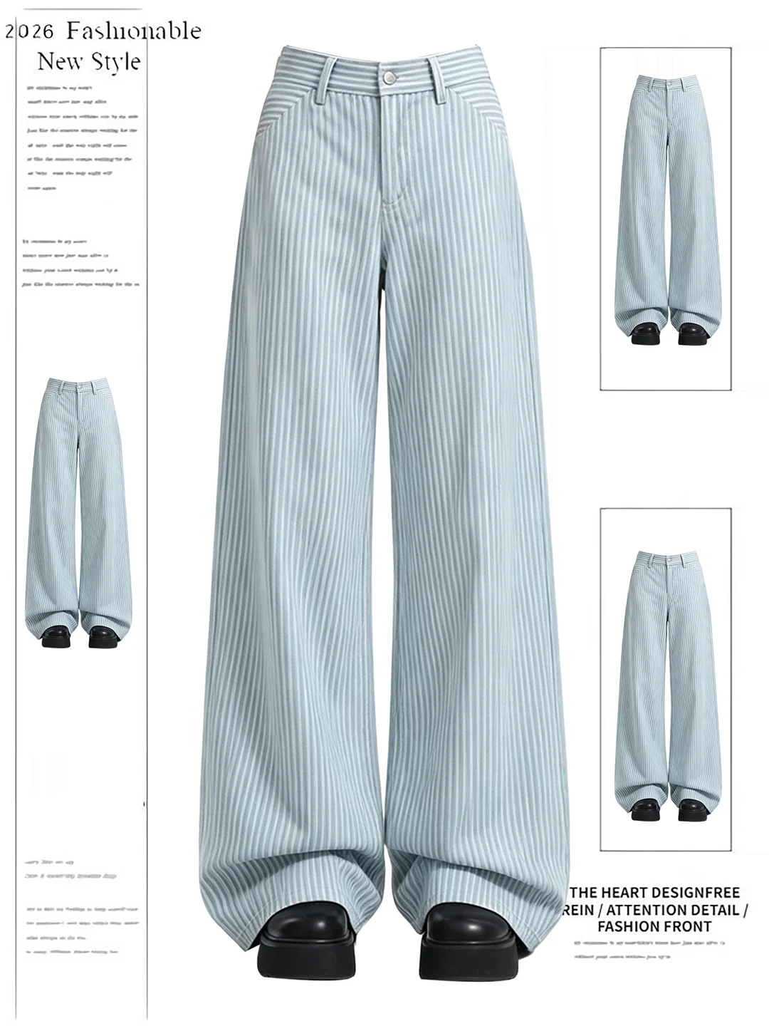 

Retro American Blue Striped Denim Jeans Women's Summer Design Slimming High Waist Wide Leg Straight Cut Floor-Length Pants