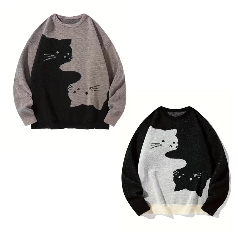 

Cute Cat O-neck Knit Elegant Pullover Woman 2025 Winter Design Harajuku Tops Feamale Y2k Long Sleeve Retro Sweaters Mujer