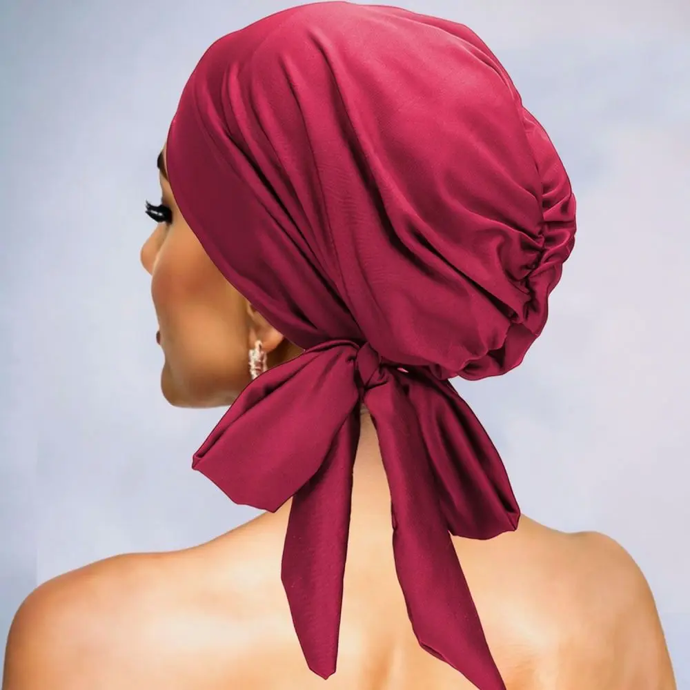 For Musily Women Turban Hat Elastic Long Tail Bowknot Headwrap Breathable Chemo Cap Soft Polyester Comfortable Beanie