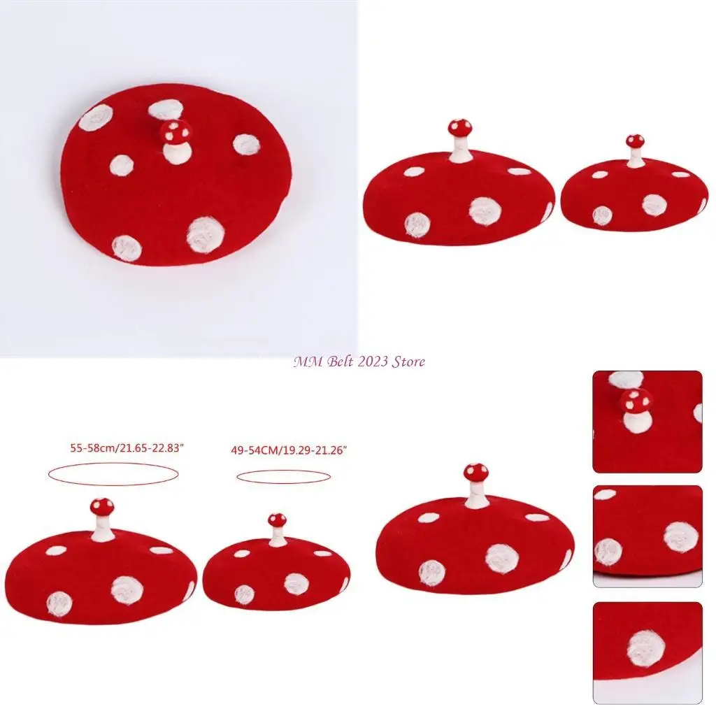 49ME نساء فتاة قبعة الفنان الفرنسي الدافئة الصوف قبعة شتوية قبعة خمر نقطة بيضاء النقاط لطيف صغير الفطر قبعة الشتاء قبعة