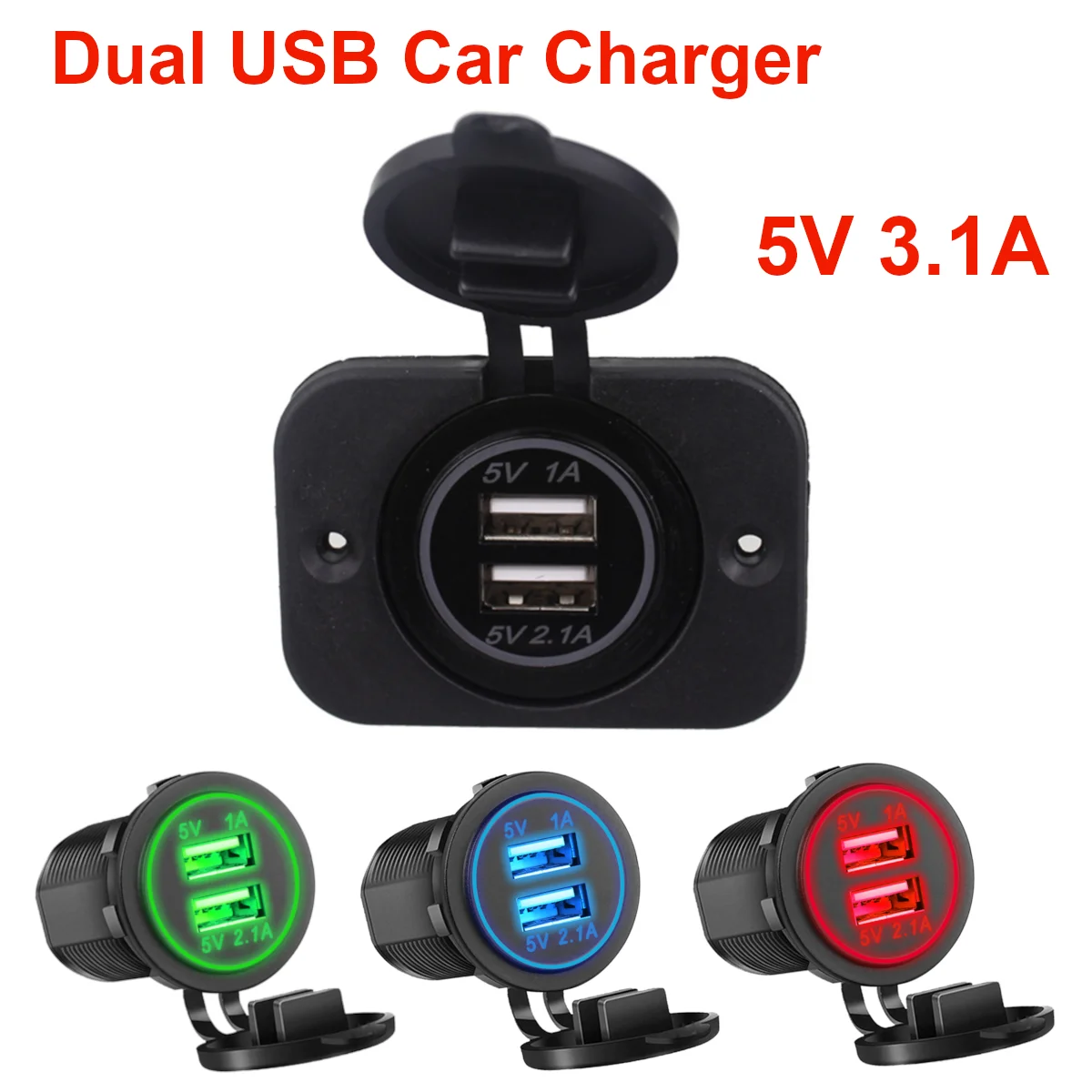 

3.1A Universal Car Charger with Mounting Plates Dual USB Socket LED Light Power Outlet Adapter for 12-24V Truck Boat Motorcycle