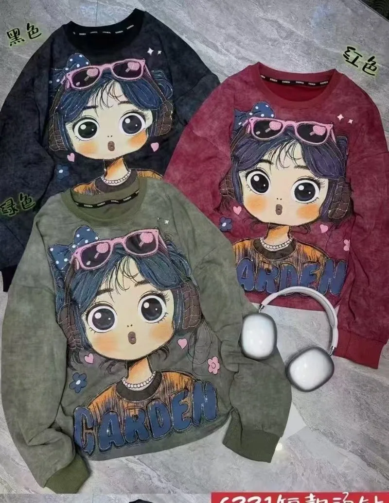 Y2k Short Oversized O-neck Hoodies Pullover Women's Fashion Letter Patch Graffiti Loose Casual Hooded Sweatshirt Kawaii Clothes