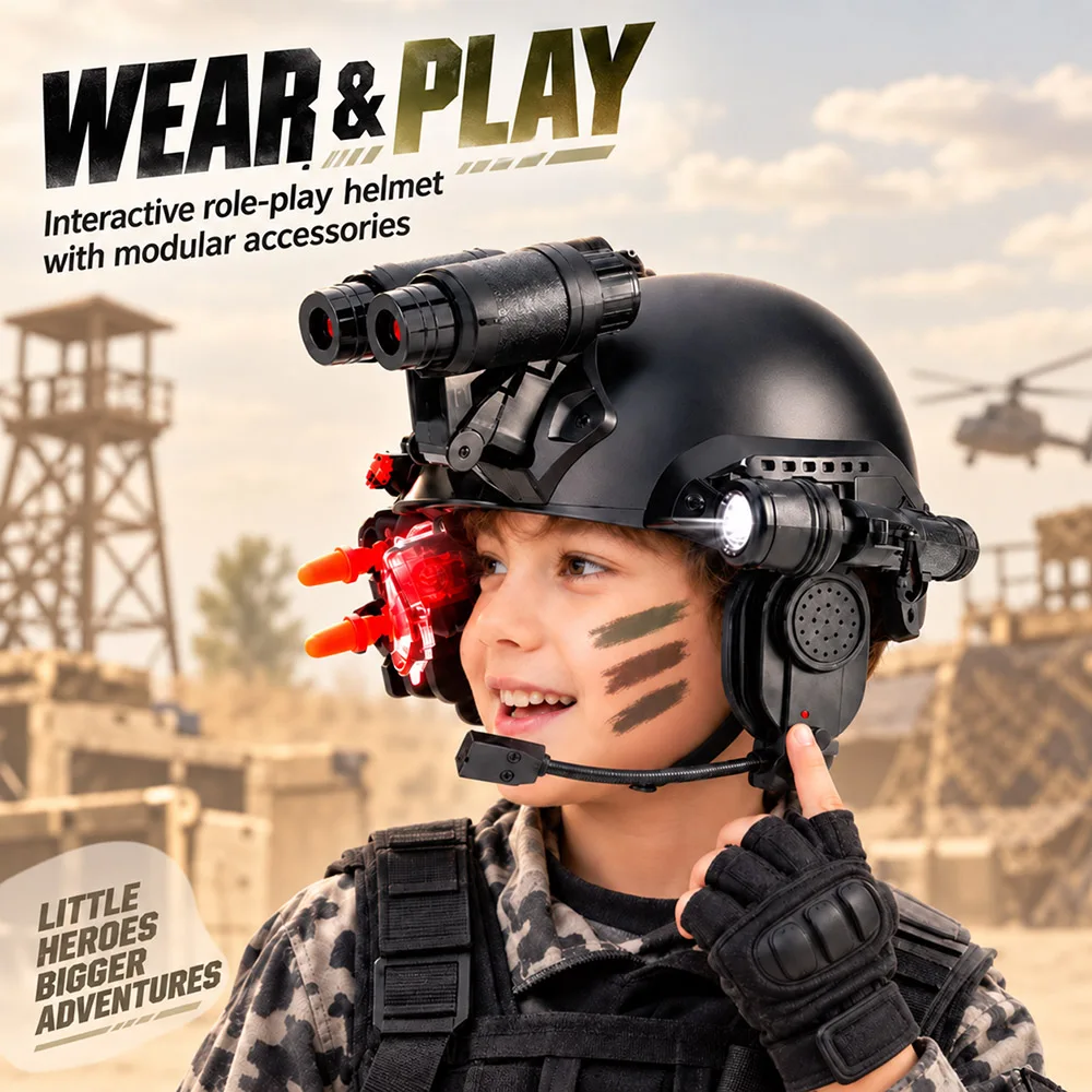 Kids Tactical Helmet Toy Set Modular Role‑Play Helmet with Flashlight Voice Amplifier for Boys Girls Adventure Airsoft Wargame