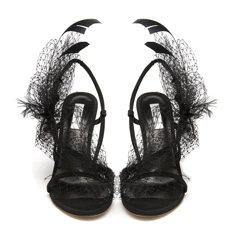 Mesh Feather Banquet High Heels, Women\'s Fine Heels, European and American Summer New Sexy Versatile One line Sandals