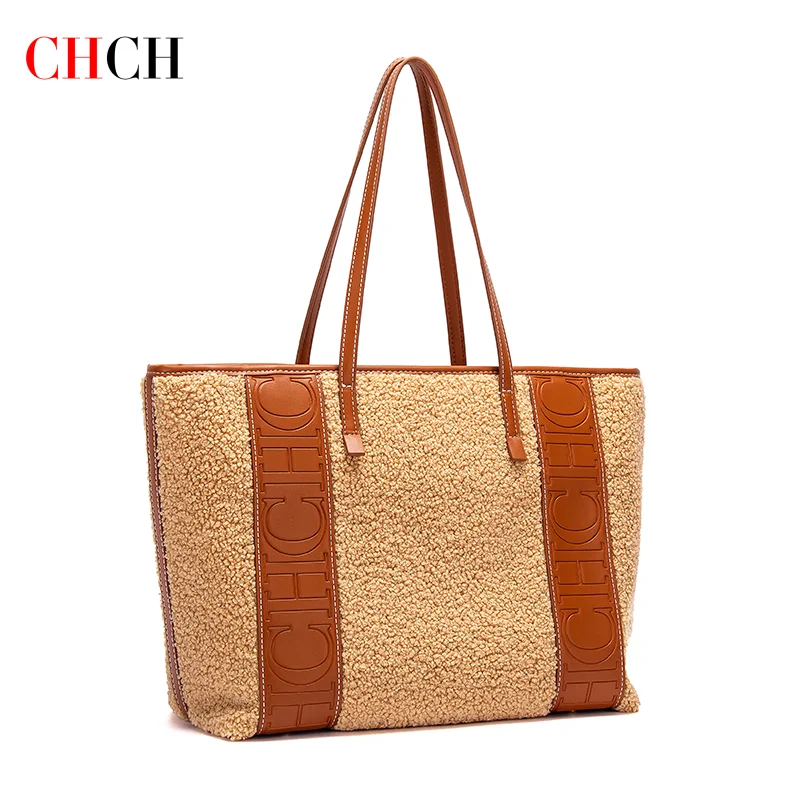 CHCH Women's Tote Bag Winter New Lamb Fleece Large Capacity Handbag Simple Brown Leisure Travel Bag