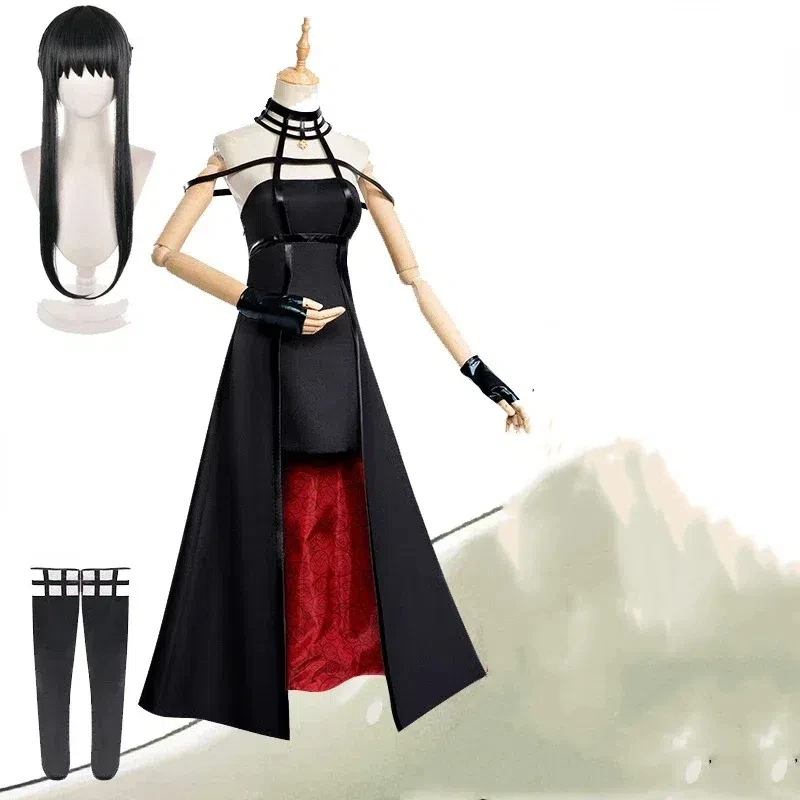 Anime Gothic Halter fur s, Black Outfit, Uniform Costume, Long Hair Wigs, Bangs and Hair Accessrespiration, Cosplay