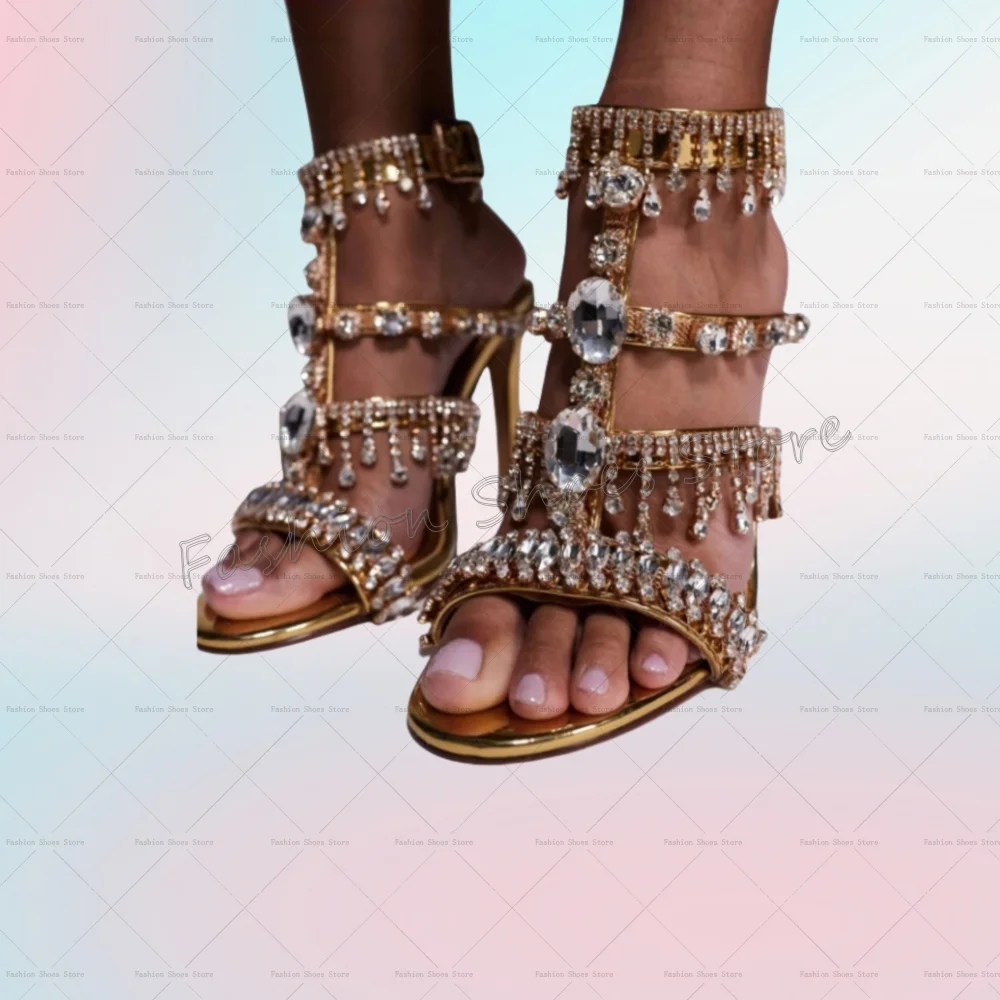 

Gold Crystal Tassel Open Toe Sandals Round Toe Thin High Heels High Heel Shoes for Women Sexy Heels 2025 New Zapatos Para Mujere