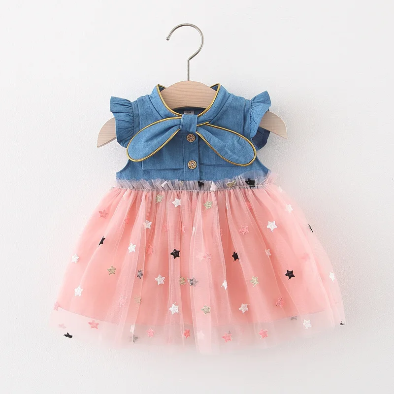 Baby Girl Summer New Dress Navy Neck Denim Skirt Star Mesh Fluffy Skirt 0-3 Years Old Baby