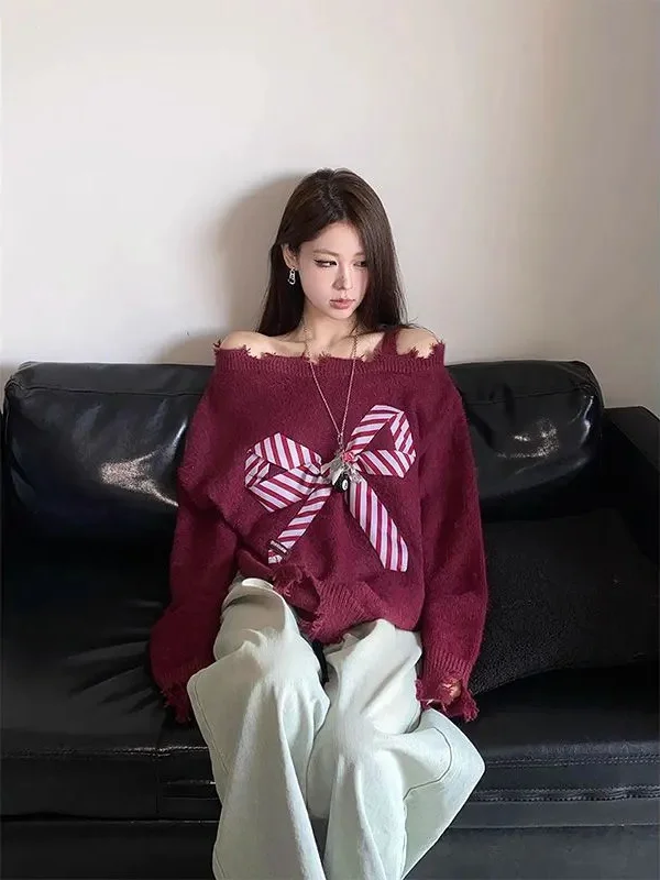

Женский осенне-зимний мягкий свободный свитер с красным узлом и пряным вязаным топом, свободный крой, свободный крой