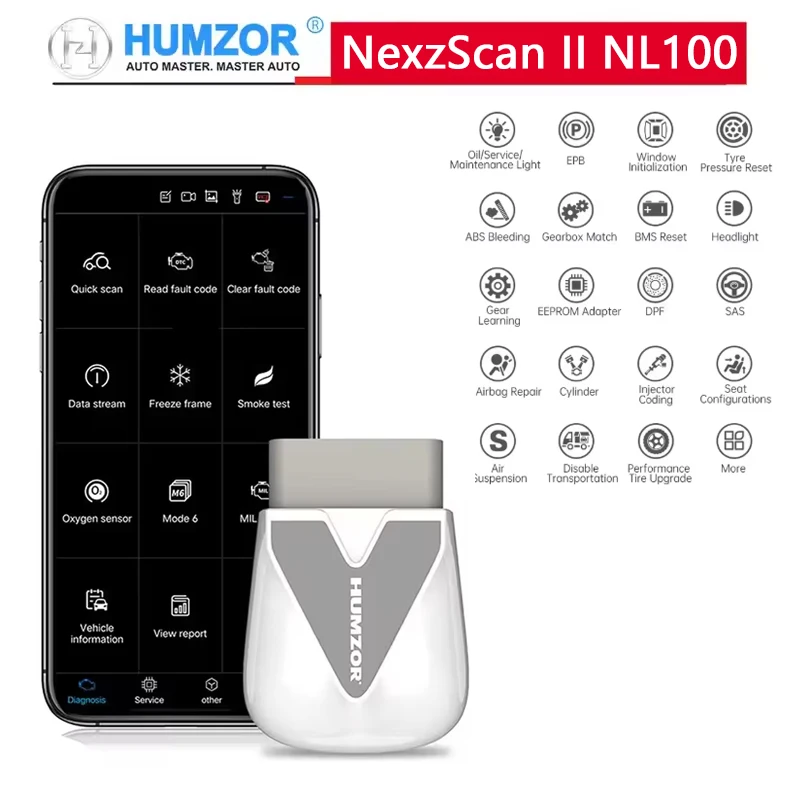 Humzor NexzScan ll NL100 Obd2 الماسح الضوئي بلوتوث قارئ رمز السيارة 13 + إعادة تعيين الترميز أداة تشخيص السيارة لنظام IOS أندرويد Easydiag