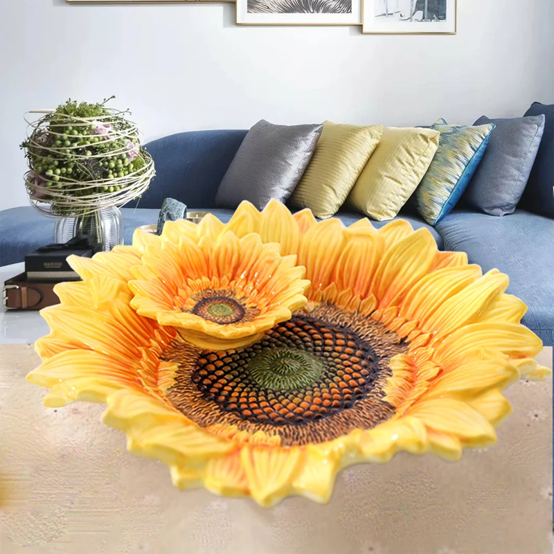 Home Accessories Pastoral Ceramic Fruit Bowl Sunflower Fruit Bowl Multifunctional with Toothpick Box Fruit Plate End Table Decor