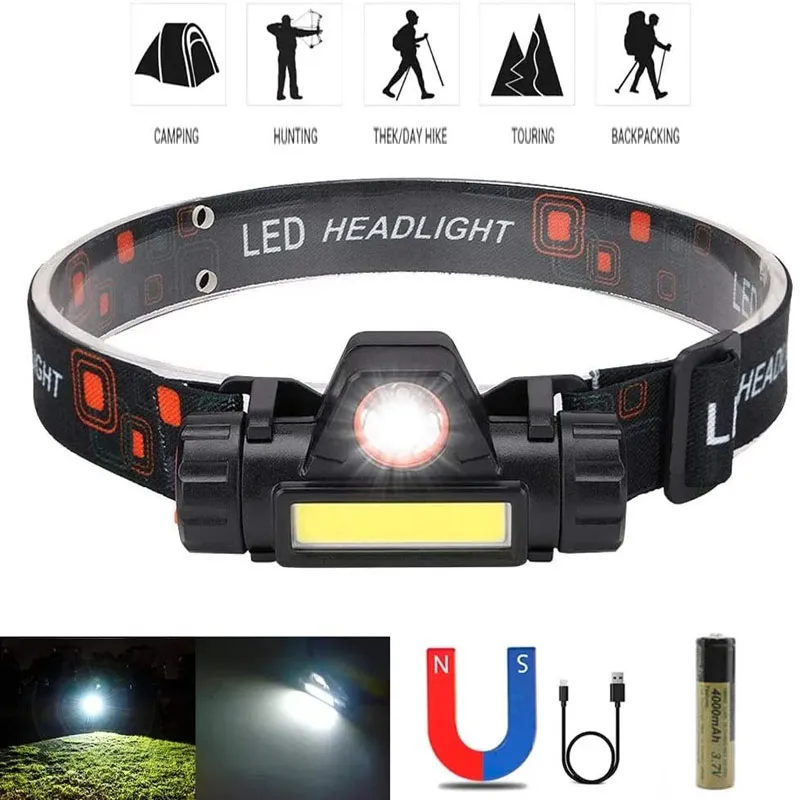 Rechargeable LED Headlamp Fishing Camping Headlight XPE COB Work 2 Lighting Modes With Tail Magnet Detachable Portable Flashligh