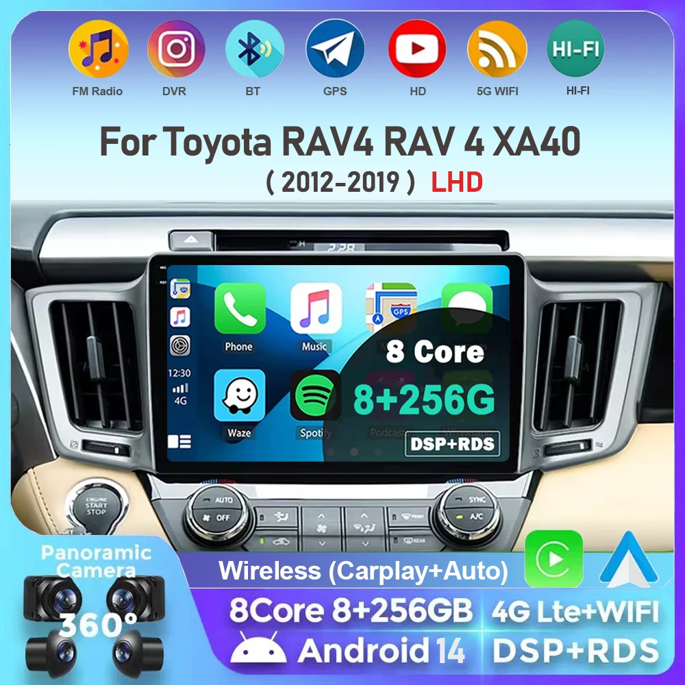 

Android 14 Carplay Car Radio For Toyota RAV4 RAV 4 XA40 2012-2019 Navigation GPS Multimedia Player WiFi+4G stereo BT 360 Camera