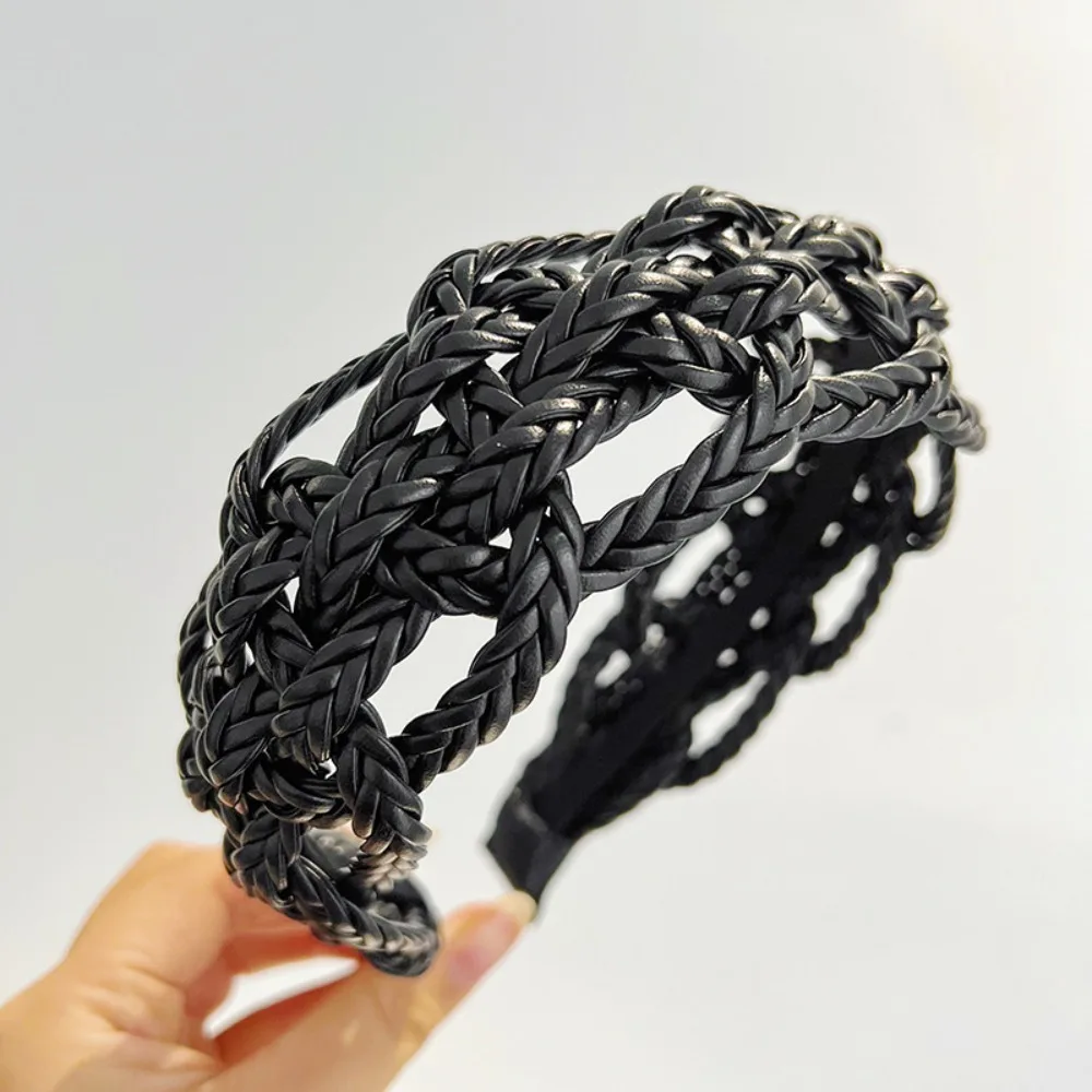 

Wide Side PU Leather Weave Hairband Headwear Geometric Braid Headband Solid Color Hollowed Out Weave Style Hair Hoop