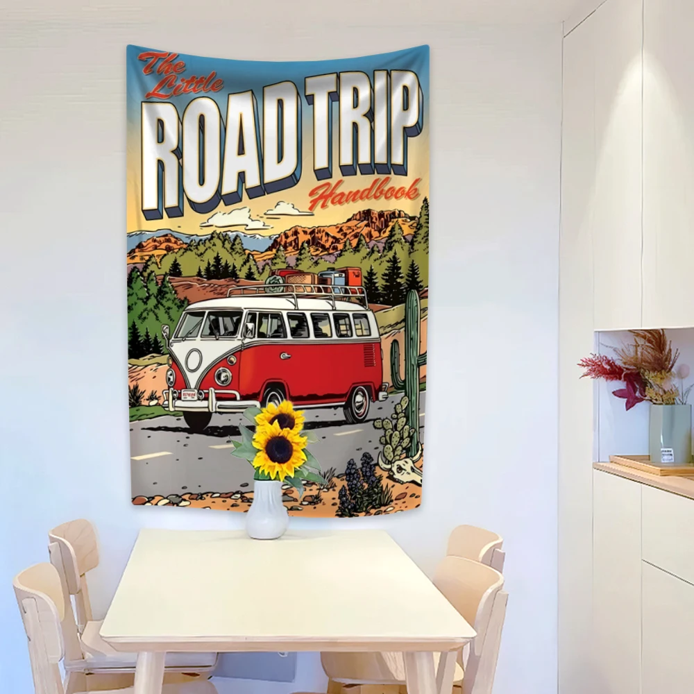 XxDeco Road Trip Poster Tapestry Anime Illustration Printed Bedroom Or Dorm Decor Wall Hanging Travel Background Picnic Cloth