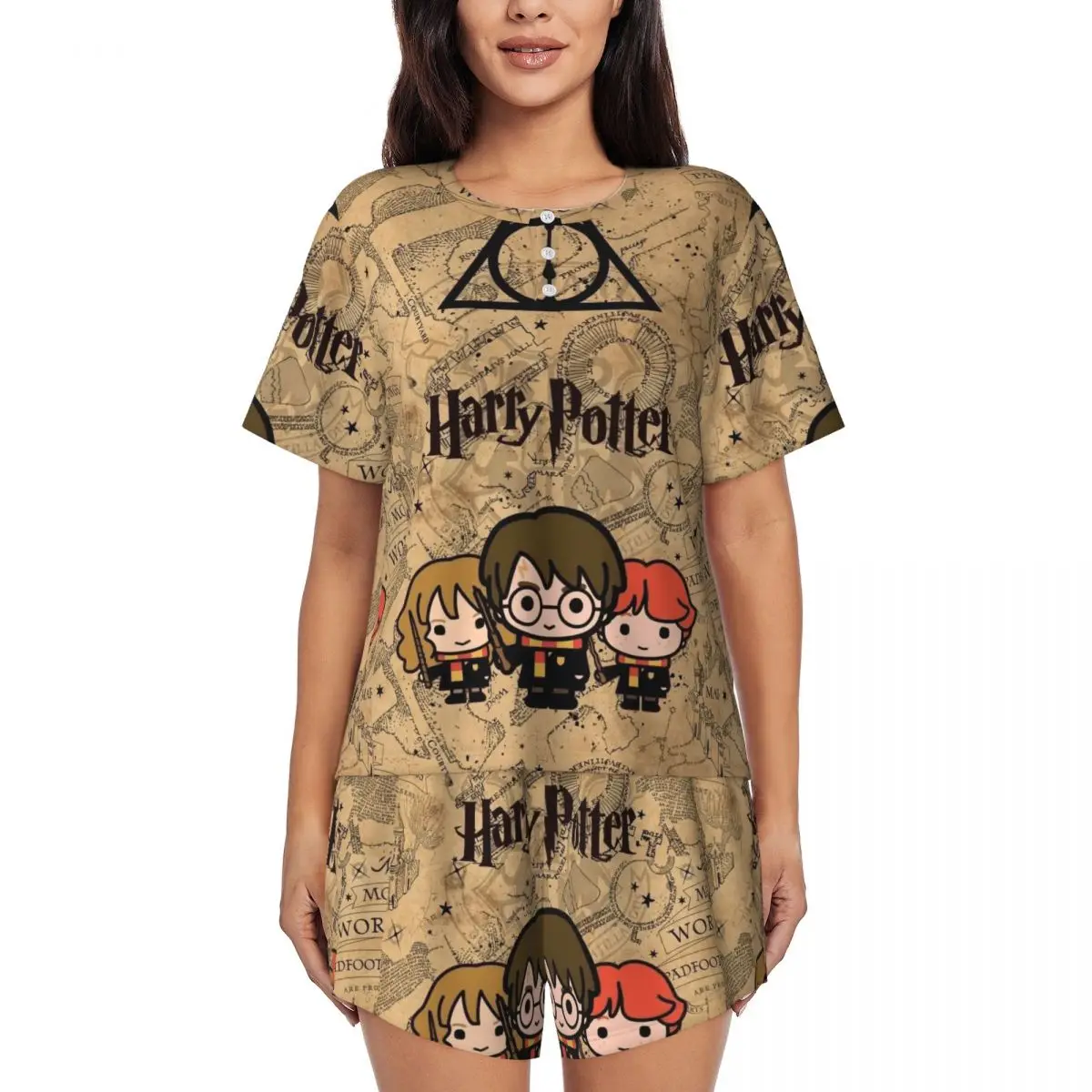 

Женский пижамный комплект Harrys Magic Adventure Movies Potters, комплект из 2 предметов с принтом на заказ, одежда для сна с короткими рукавами, домашняя одежда