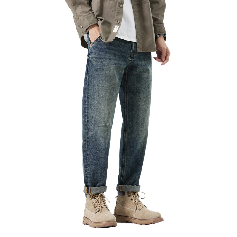 

Men's Retro American-Style Tapered Jeans Distressed Wash & Relaxed Fit 2025 Spring/Autumn Casual Pants Trendy Streetwear 40