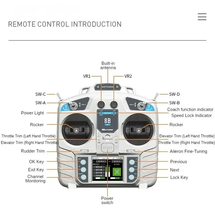 Microzone Mc8b 2.4g 8ch Trasmettitore di telecomando Ricevitore Sistema radio per velivoli telecomandati Elicottero ad ala fissa Uav