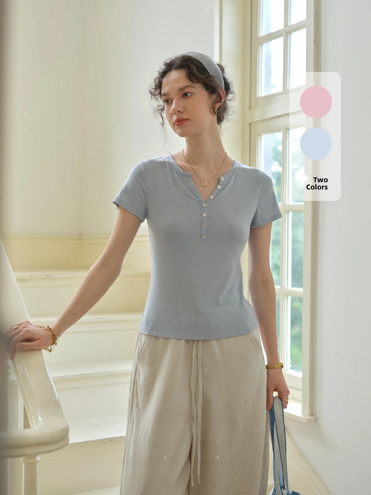 SimpleRetro Summer Melody Silk Linen Breathable V-Neck Short Sleeve Women's Slimming Top Casual Low Waist A-Line Sleeve