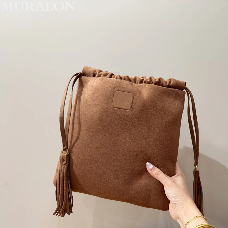 Niche Design Retro Suede Tassel Tote Bag Drawstring New Simple Classic Fashion All-match Handbag Vintage Casual Underarm Bag