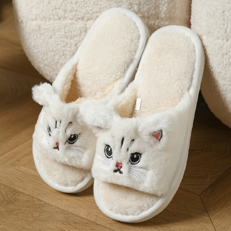 Cute Cat Plush Flip Flops For Women Men Warm Fuzzy Thong Slippers Cartoon Animal Indoor House Slippers Soft Thick EVA Sandals