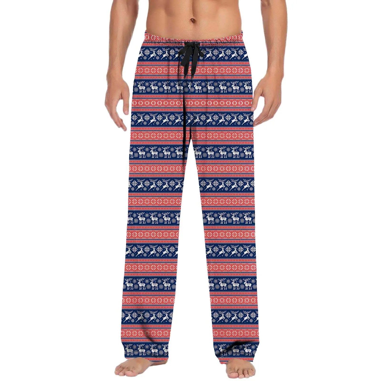 Calça de pijama masculina listrada de natal vermelha com cordão elástico na cintura calças de dormir comprimento total com botão roupa de dormir espreguiçadeira masculina