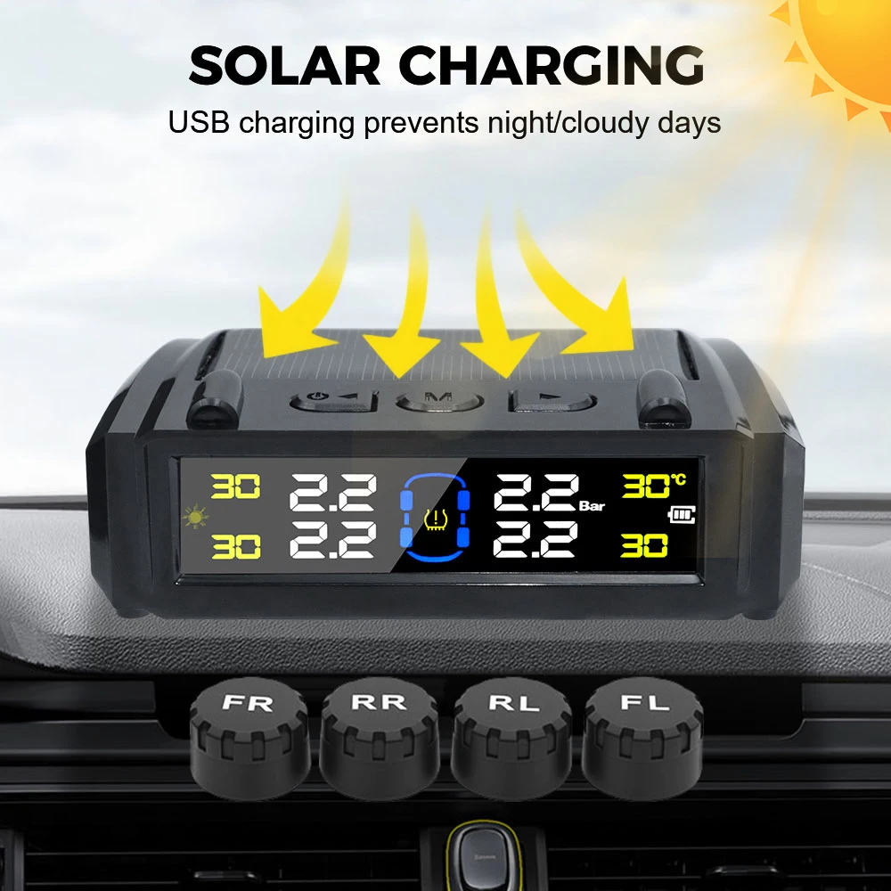 Car Solar TPMS Tire Pressure Monitoring System Universal Temperature Warning 4 External ​Auto Security Alarm Systems Accessories