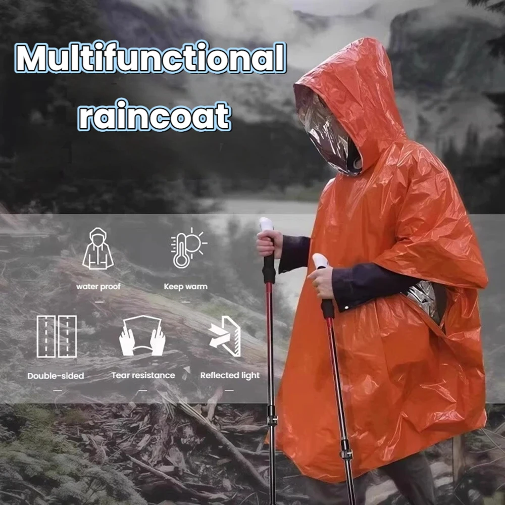 Tragbarer Notfall-Regenponcho für den Außenbereich mit Mylar-Deckenfutter, Thermo-Poncho, wasserdicht, windabweisend, für Camping-Notfälle