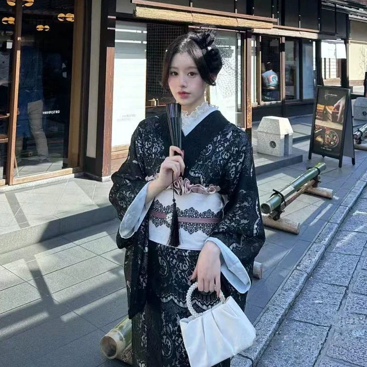 Japanese Traditional Women's Lace Komon Pattern Kimono with Double Layer