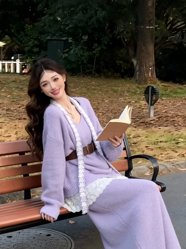 

Spring V-neck Sweater Midi Skirt Two-piece Set Women's Soft Lazy Style Purple Dress Loose-fit Overhead Top High-waist Skirt