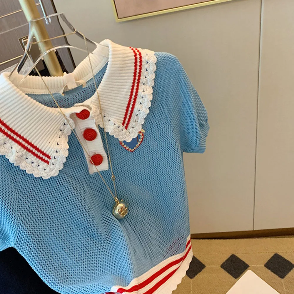 New 2024 Korean Fashion Polo Collar Women Sweaters Vintage Elegant Striped Bottoming Knit Shirt Women Summer Thin Pullovers Tops