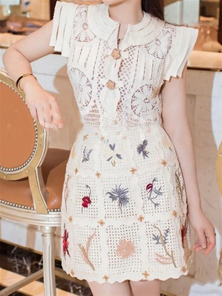 Woman Two Piece Set Women Clothing Elegant Embroidery Lace Single-breasted Summer Sleeveless Top Shirt + High Waist Skirt Set