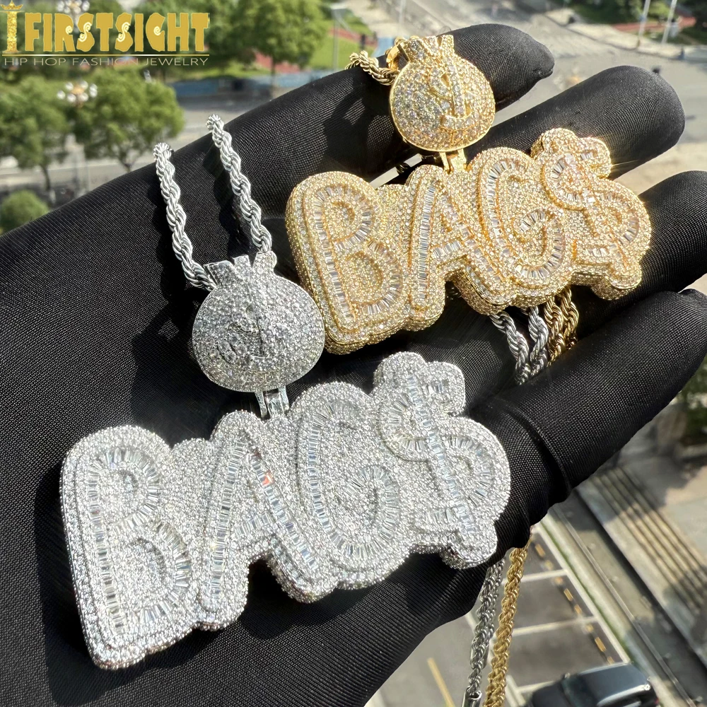 

New Iced Out Bling Letters Bag Pendant Necklace Rectangle CZ 5A Zircon Money Dollar Sign Charm Men's Women Hip Hop Jewelry