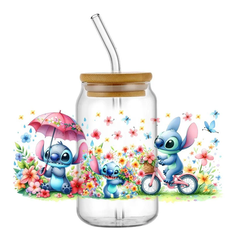 Miniso New Stitch 3D Cartoon UV DTF Cup Wrap For 16oz Libbey Beer Coffee Glass Can Cup Wrap UV DTF DIY Sticker Selfadhesive