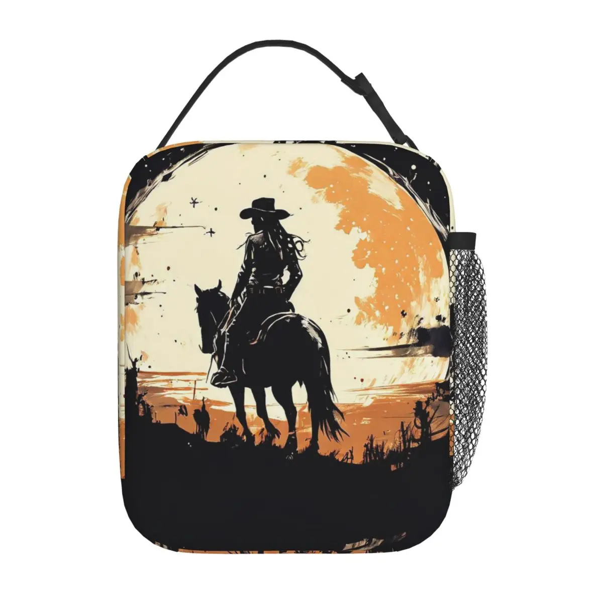 Black And White Western Cowgirl Riding A Horse Insulated Lunch Bag for Women Kids Portable Food Boxes Thermal Lunch Box Tote