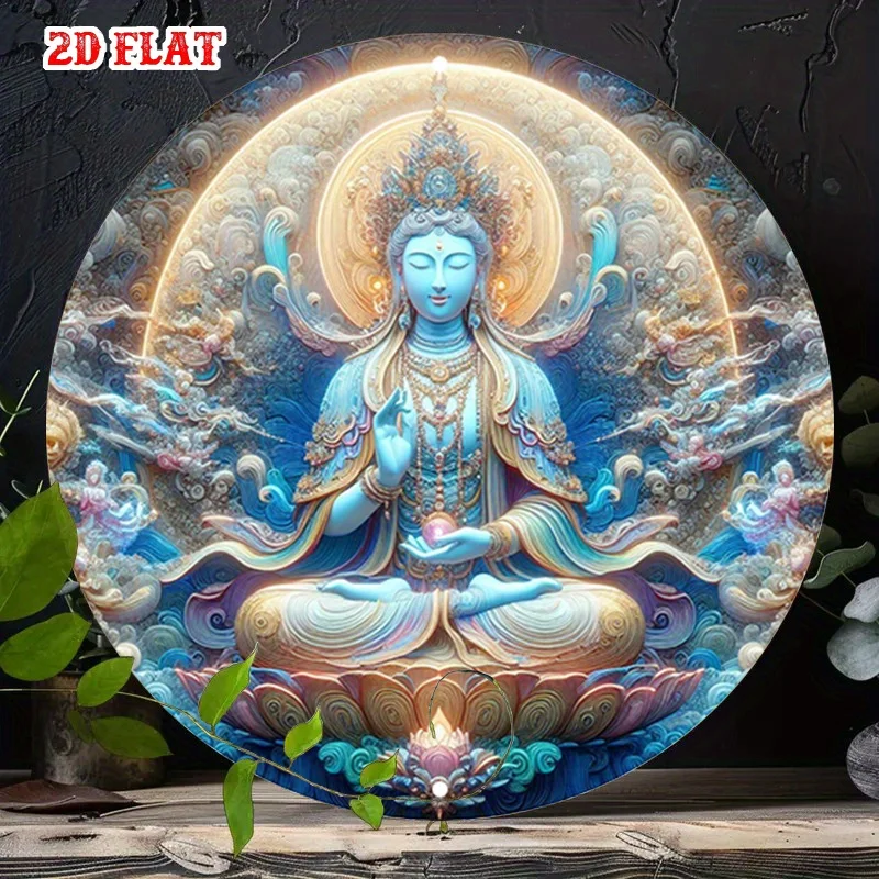 1pc Enlightenment Buddha Round Aluminum Metal Tin Sign - 7.87x7.87 Inch Contemporary Bohemian Meditation Wall Art with Intricate