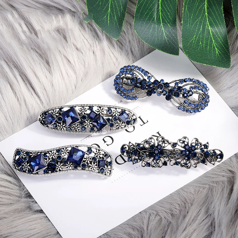 EASYA New Design Blue Rhinestone Hair Barrettes For Women Vintage Crystal Bowknot Flower Hair Accessories Headwear Hair Clips