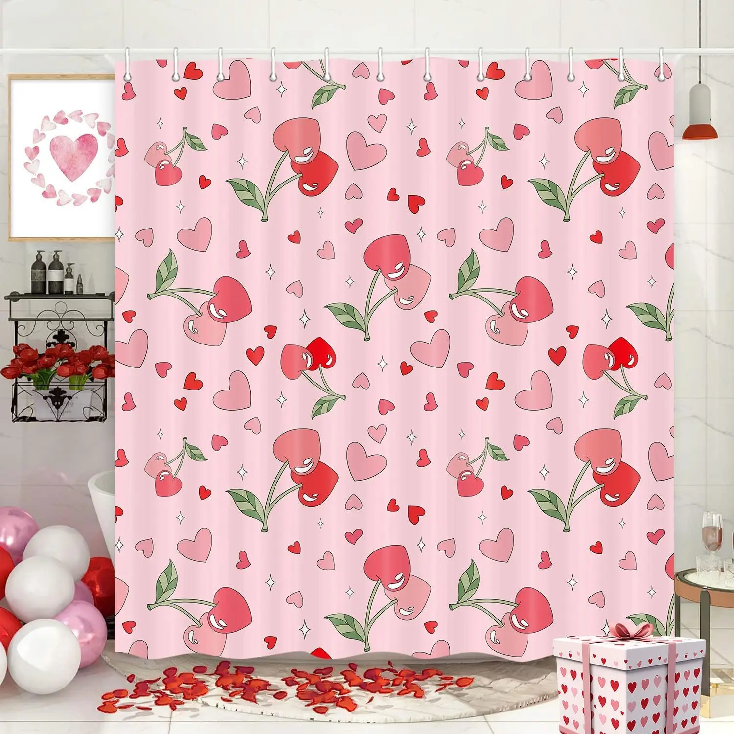 

Винтажная занавеска для душа с вишней, розовая, в стиле ретро, в стиле фанк, шикарная, в стиле ретро 70-х годов, аксессуары для ванной комнаты, на День Святого Валентина, романтическое сердце любви, милое