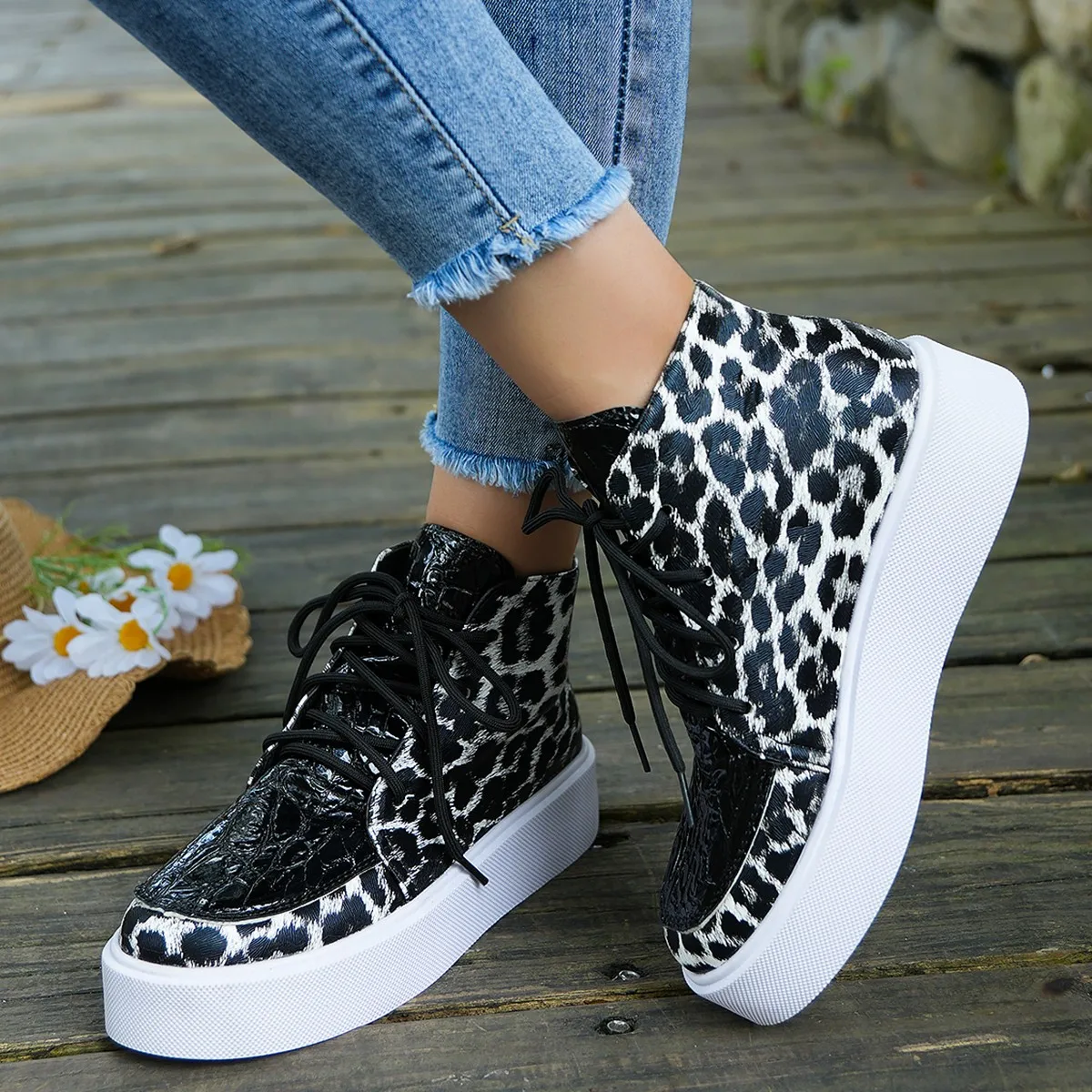 Woman Vulcanize Shoes Sneakers Platform Flats Casual Urban Fashion Leopard Print Color Trendyol Comfortable