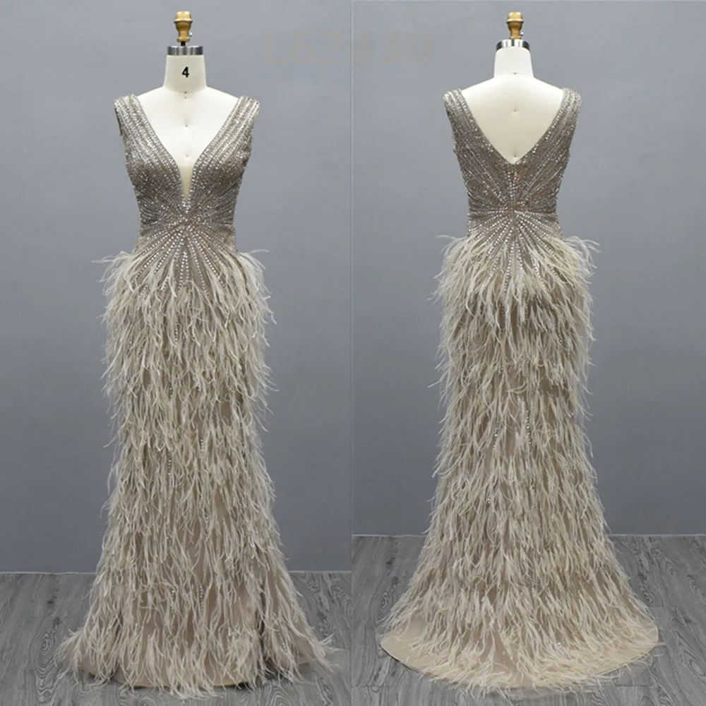 Luxury Feathers Brown Mermaid Evening Dress Sexy V Neck Elegant Long Pink Prom Formal Dresses for Women Wedding Party 