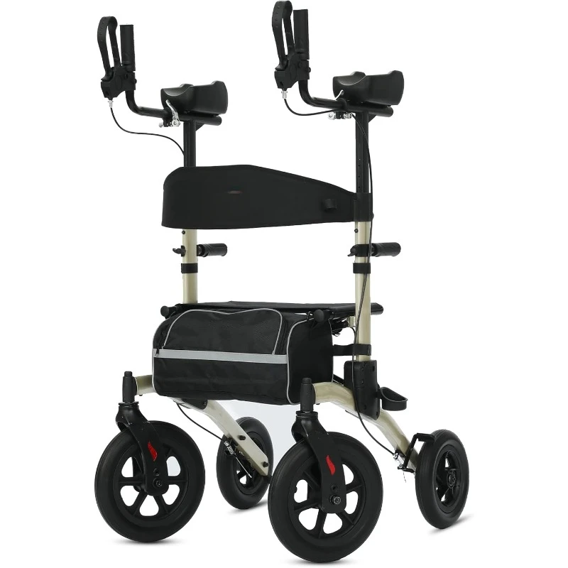 All-Terrain Upright Rollator Walker Stand up Rolling Walker with Seat 12” Non-Pneumatic Tire Wheels, Compact Folding Design