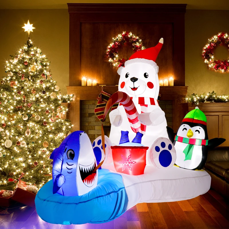 6FT Christmas Inflatables Outdoor Toys Polar Bear Fishing with Penguin  Blow Up Xmas Party Yard Lawn Decorations with LED Light