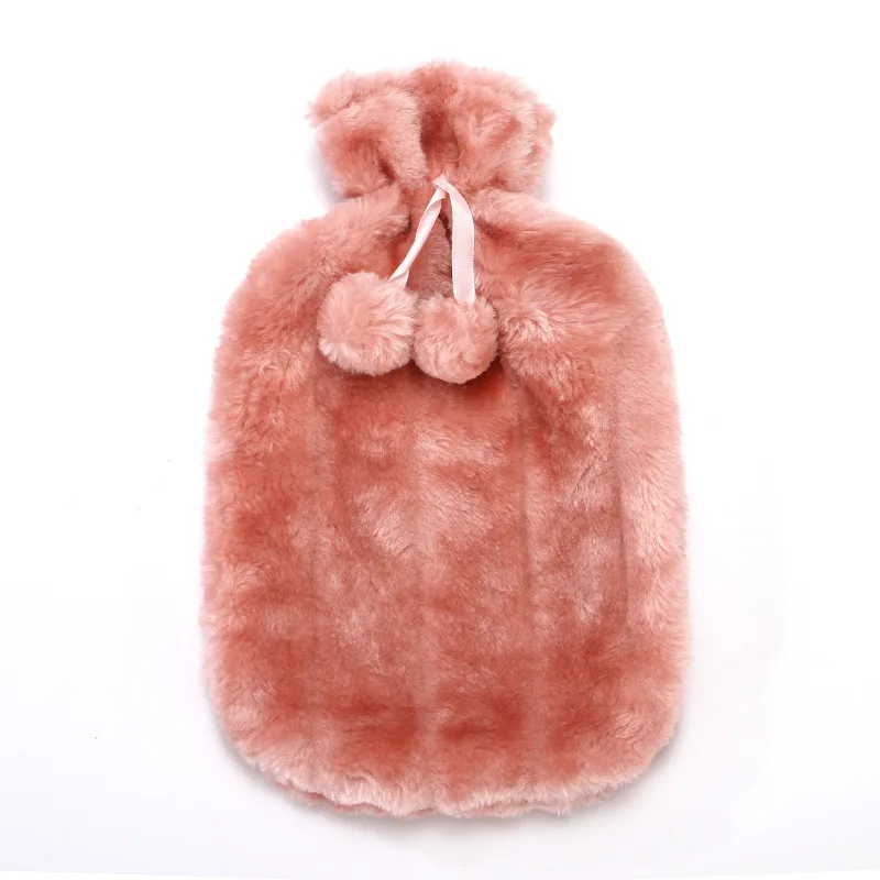 1pc 2L Hot Water Bottle Covers Only Warm Winter Natural Faux Fur Fluffy Pompom Cover Large 2L Hot Water Bottle Bag Warm Portable