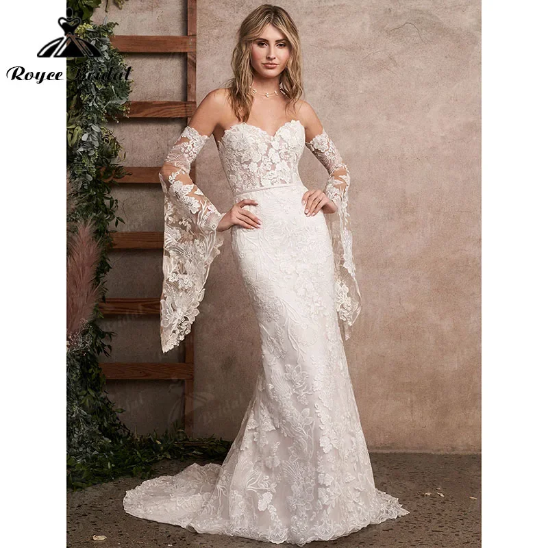 

Vintage Mermaid Wedding Dress with Detachable Flare Sleeve Buttons Sweetheart Lace Appliques Bride Dress Custom Made Roycebridal