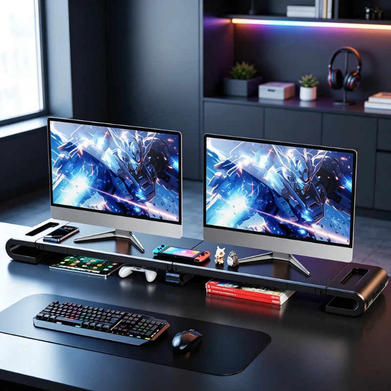 110cm Dual Monitor Stand Riser Adjustable Length Height Desktop Shelf for Laptop Gaming Console Office Black 모니터 받침대