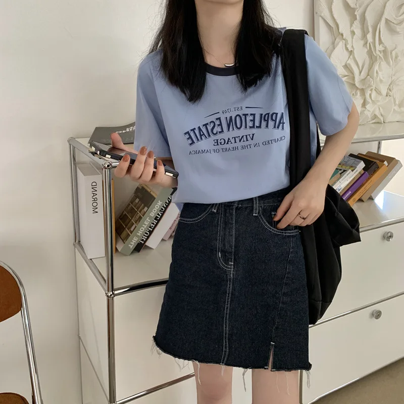 Summer Vintage Loose Short Sleeve T-Shirt Women's Cleanfit round Neck Print Letter American Style Color Block Student Top