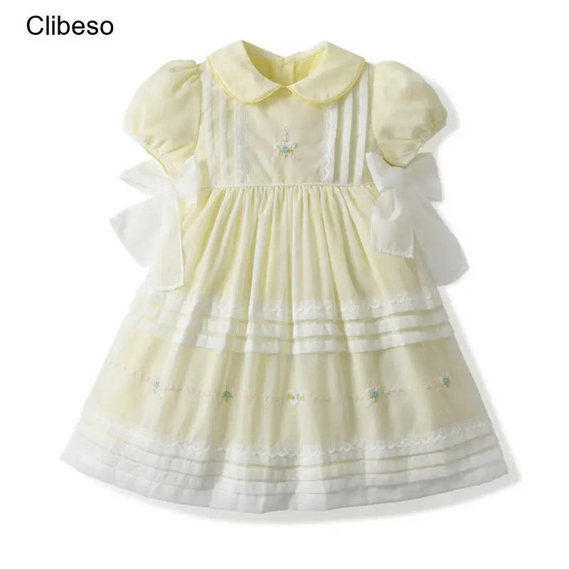 2024 Clibeso Girls Spanish Handmade Dress Girl Kids Flower Embroidery Dresses Children Vintage Boutique Lace Bow Clothing