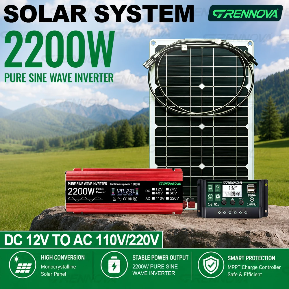 12V/24V 2200W Peak Rated 1100W Pure Sine Wave Solar Kit 80W Panel 60A Controller Inverter 110V/220V Output for RV Off-Grid Use